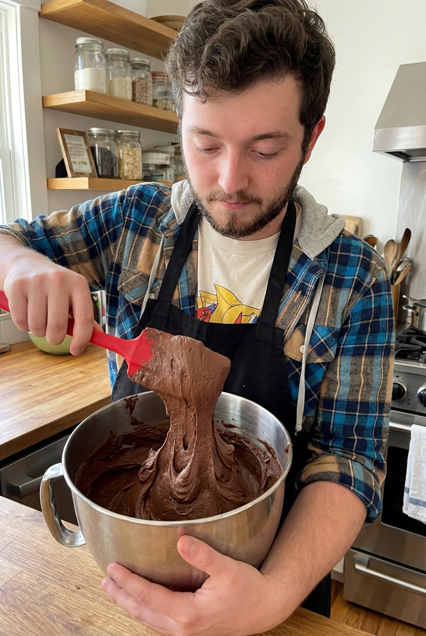 Thick chocolate ice cream base being folded in a mixing bowl with a rubber spatula