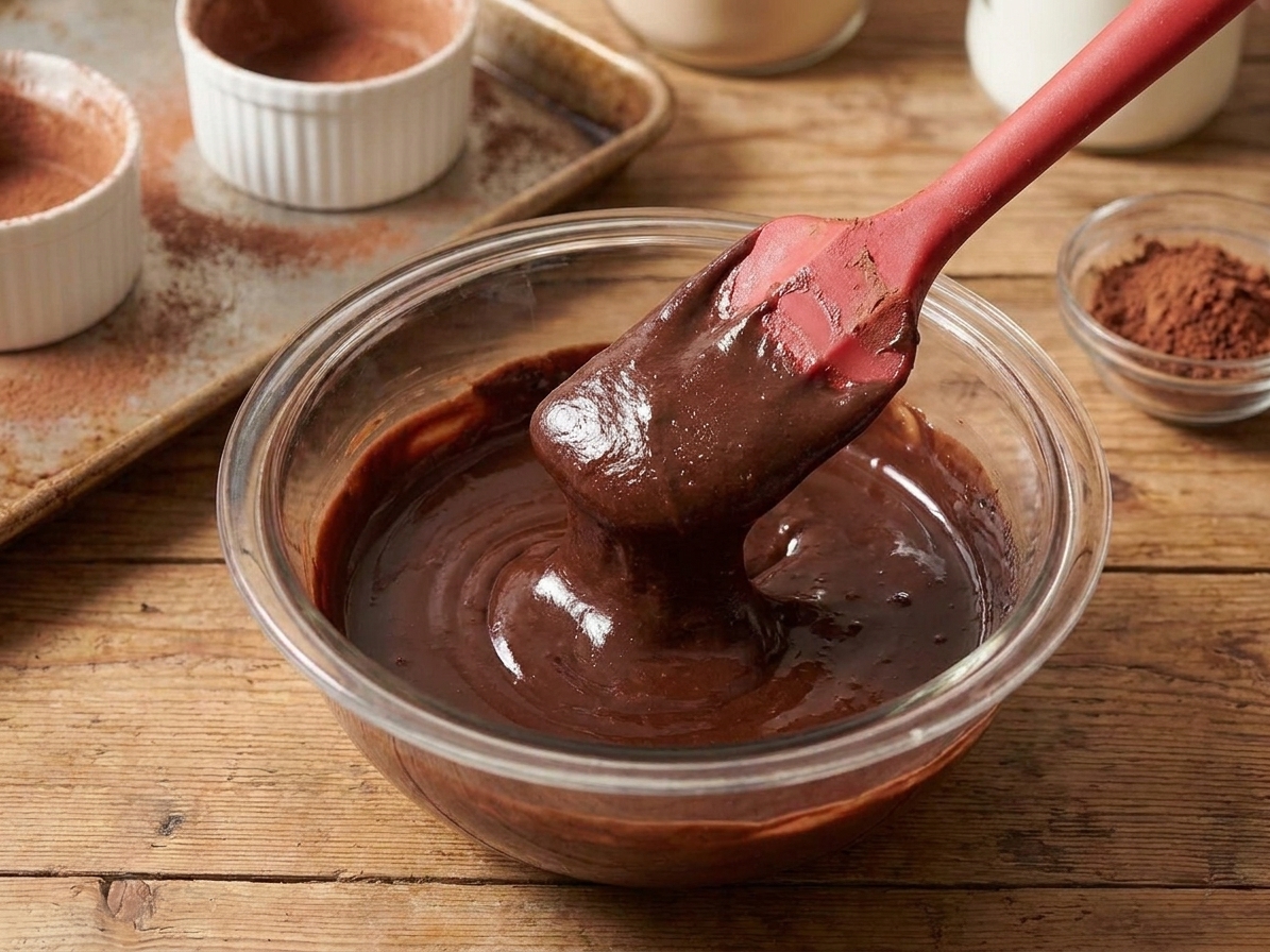 Thick chocolate lava cake batter in a mixing bowl with a rubber spatula, showing a glossy texture