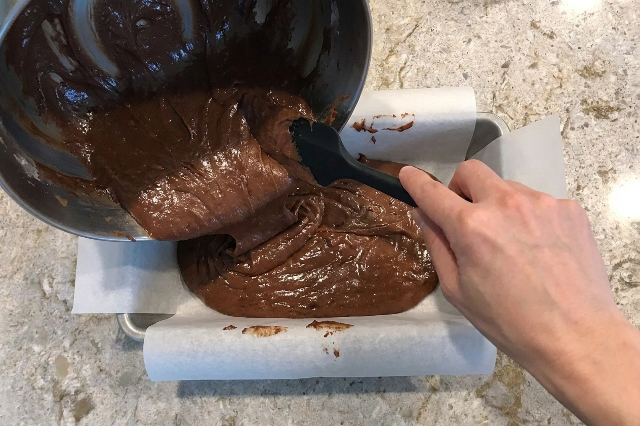 Thick chocolate pound cake batter being scraped into a parchment-lined loaf pan with a rubber spatula