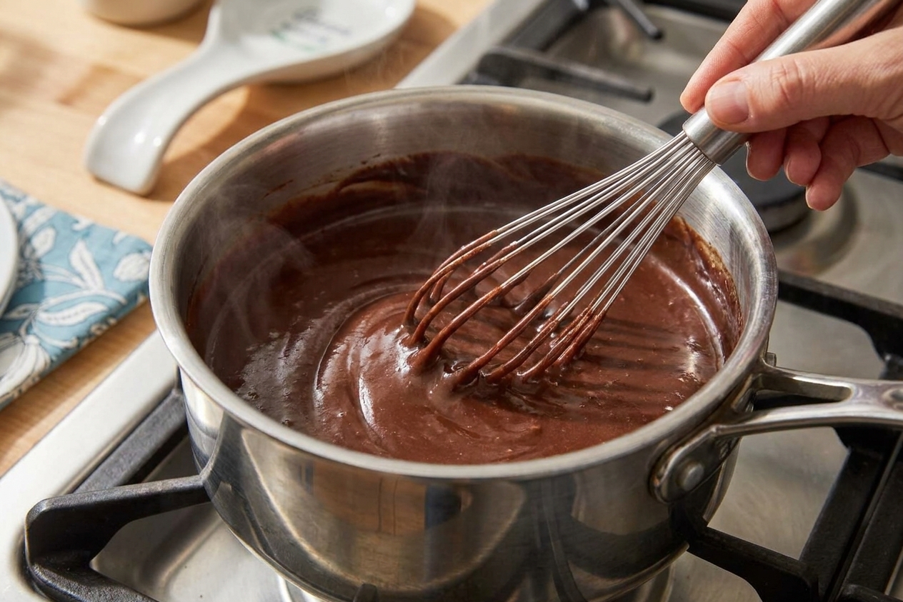 Thick chocolate pudding being whisked in a saucepan on the stovetop until glossy and smooth