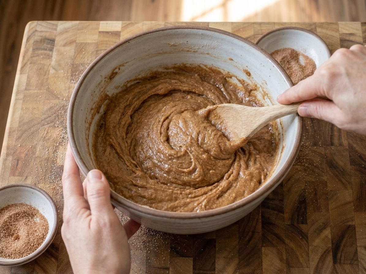 Thick cinnamon friendship bread batter in a mixing bowl with a spatula, mid-stir on a kitchen counter