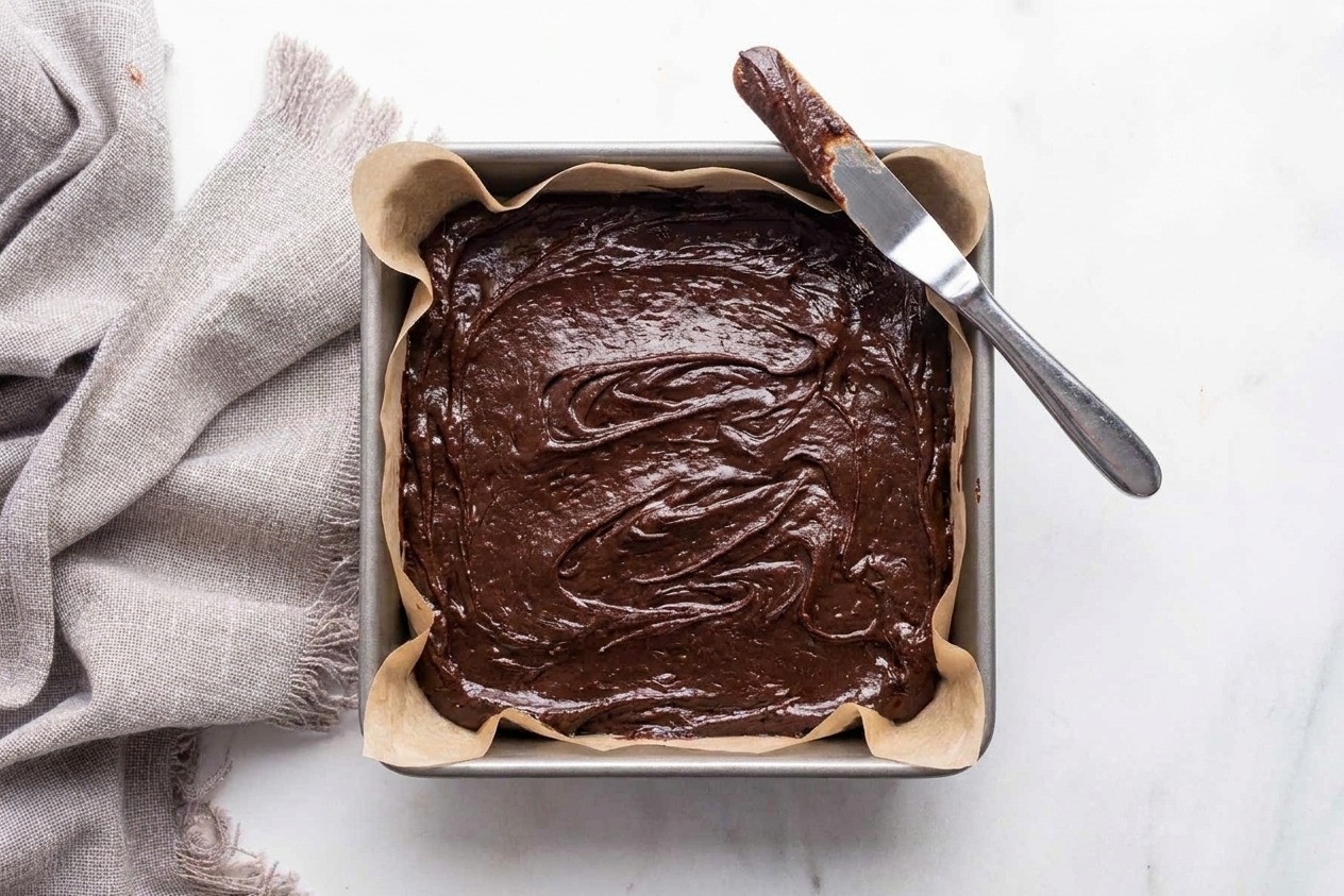 Thick cocoa brownie batter spread evenly in a parchment-lined square baking pan on a kitchen counter