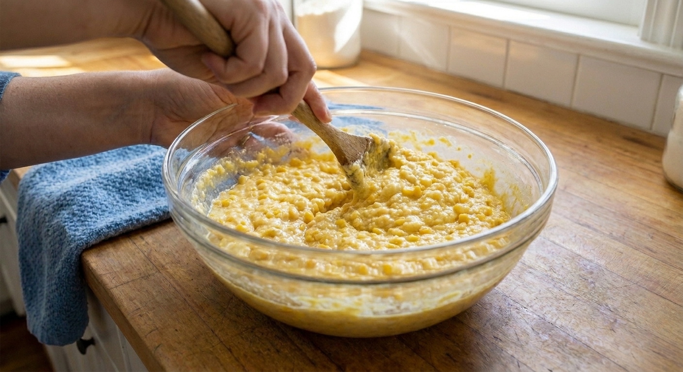 Thick corn pudding batter being stirred together in a glass mixing bowl until just combined