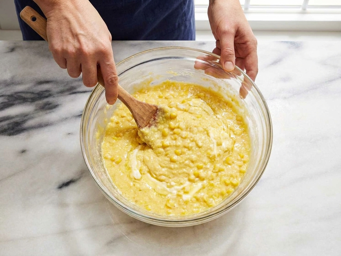Thick cornbread casserole batter being stirred with a spatula in a large bowl