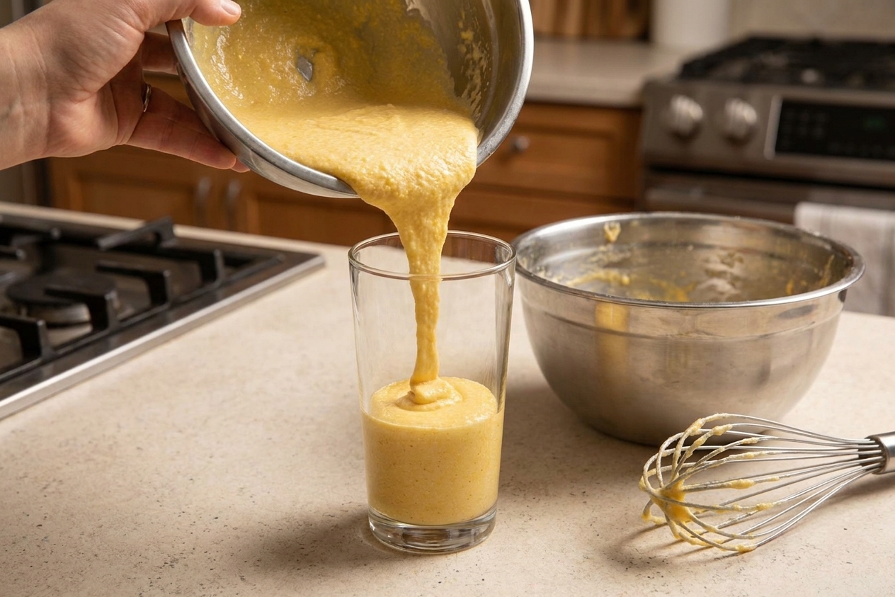 Thick cornmeal batter poured into a tall drinking glass on a kitchen counter next to a whisk and bowl