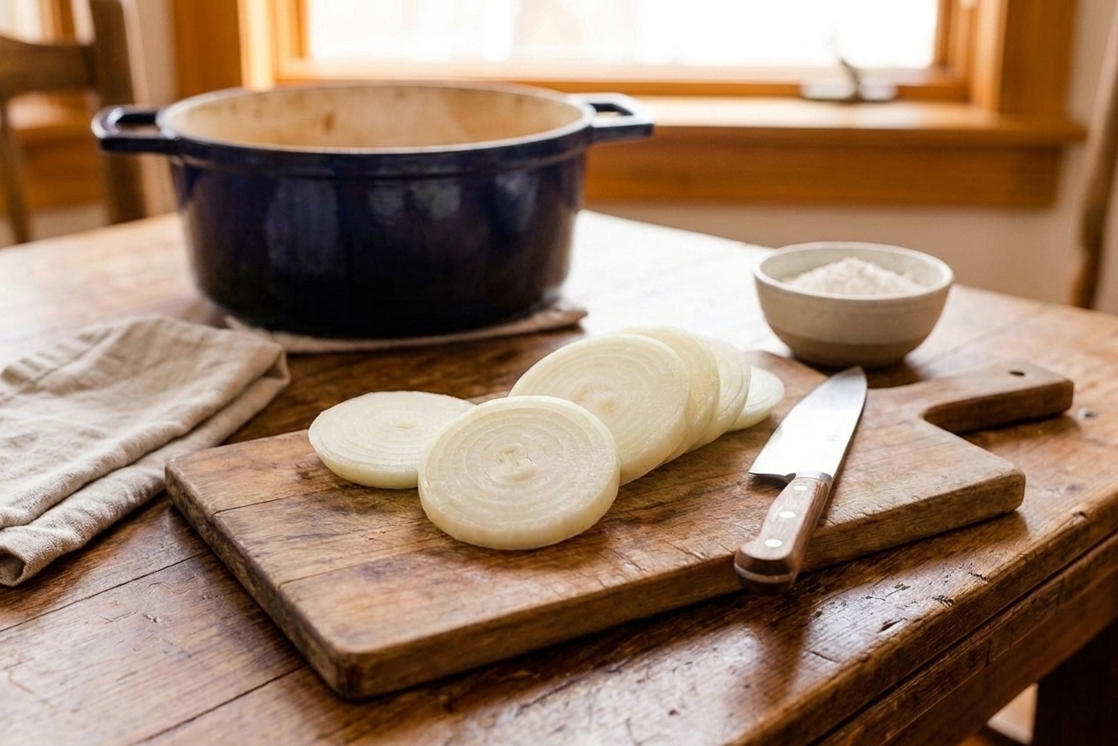 Thick crosswise slices of sweet onion on a cutting board beside a chef knife, ready to separate into large rings on a kitchen counter