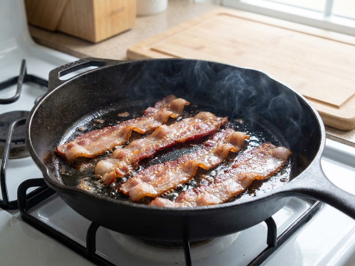 Thick-cut bacon strips sizzling in a cast iron skillet on a home stove, edges curling and browning, with rendered fat pooling in the pan