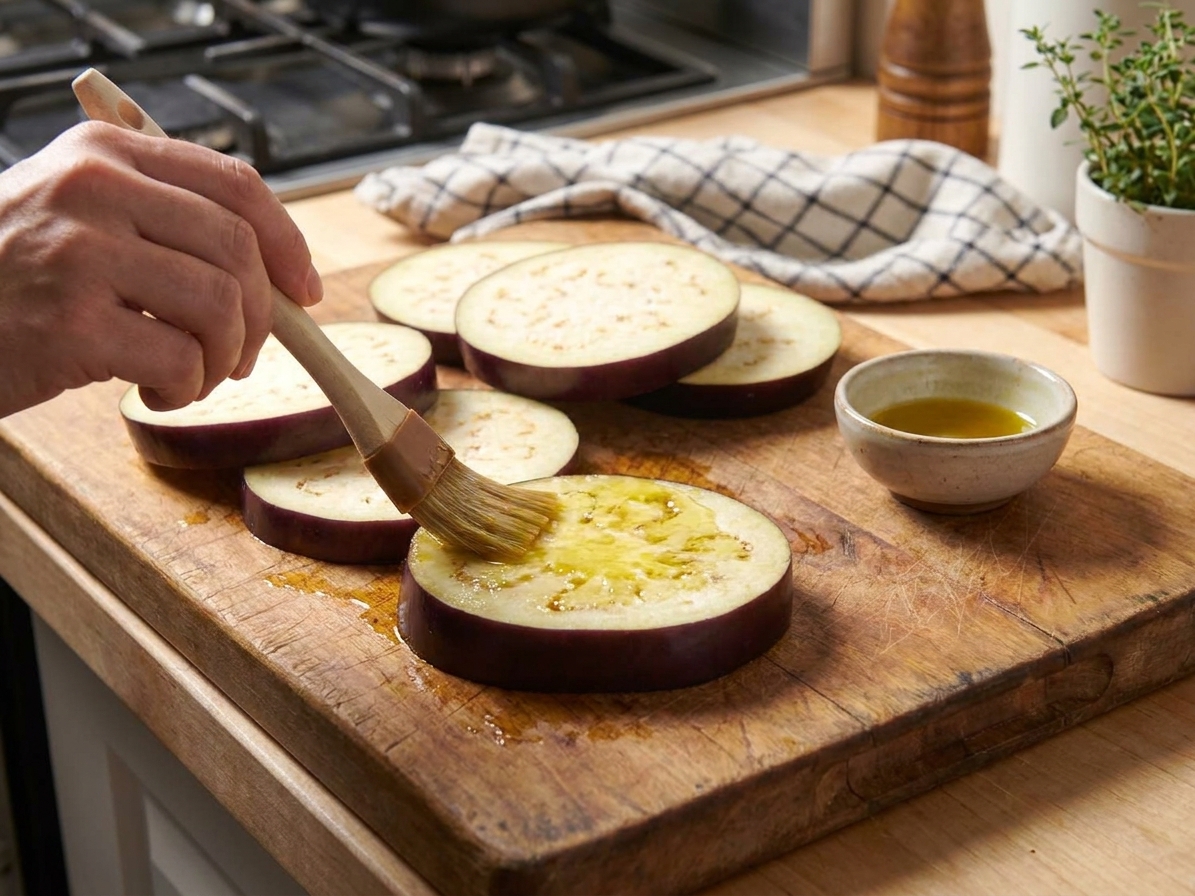 Thick eggplant slices being brushed with olive oil on a cutting board in a home kitchen