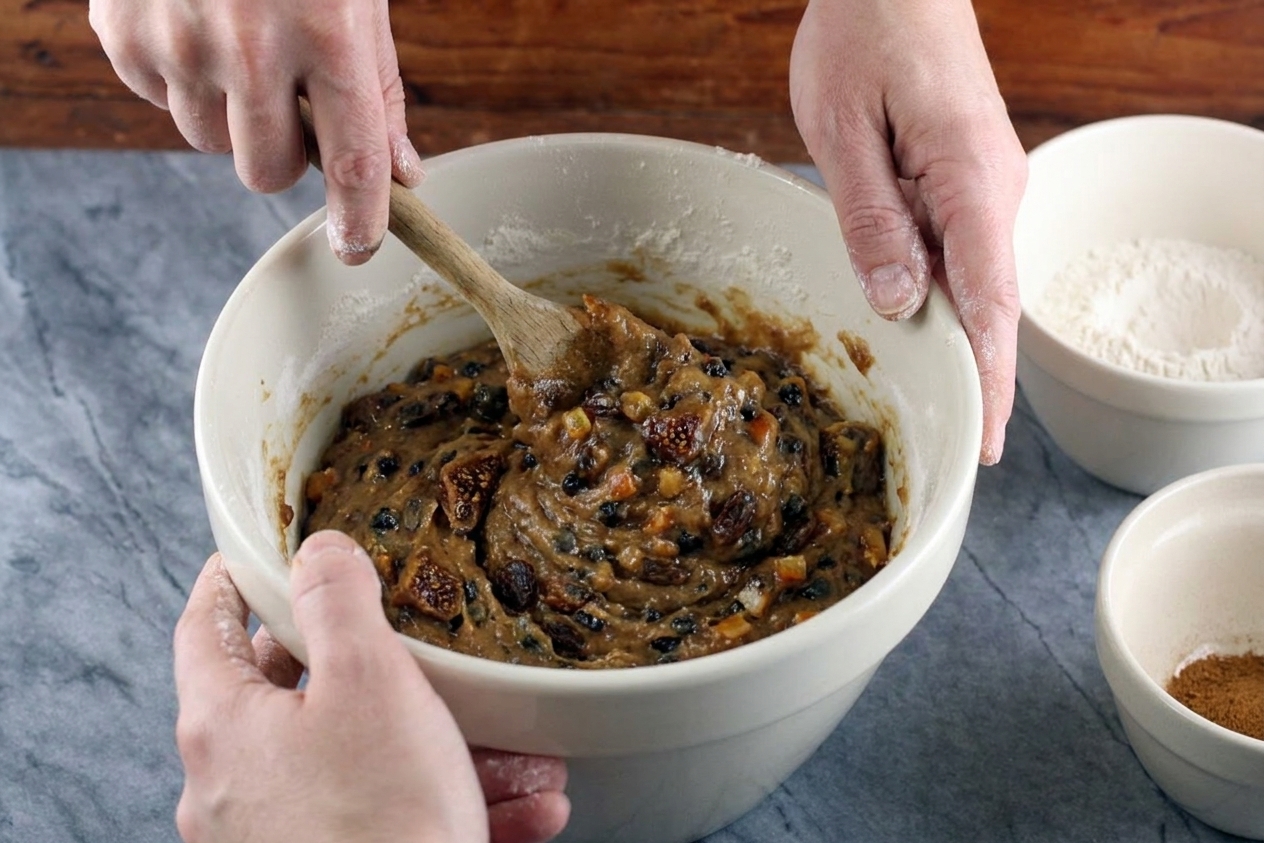Thick figgy pudding batter being stirred in a large mixing bowl with visible pieces of dried fruit