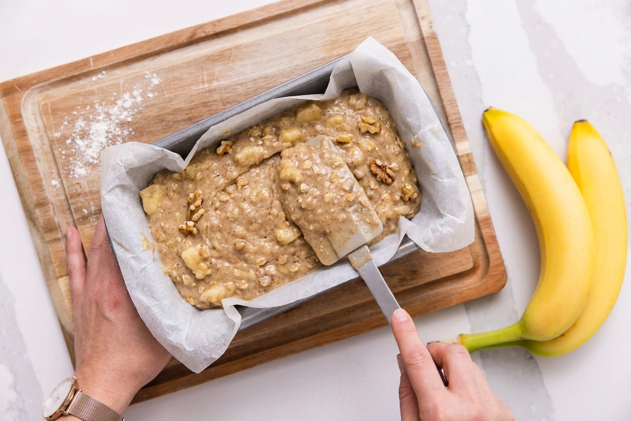 Thick gluten-free banana bread batter spread in a parchment-lined loaf pan on a kitchen counter