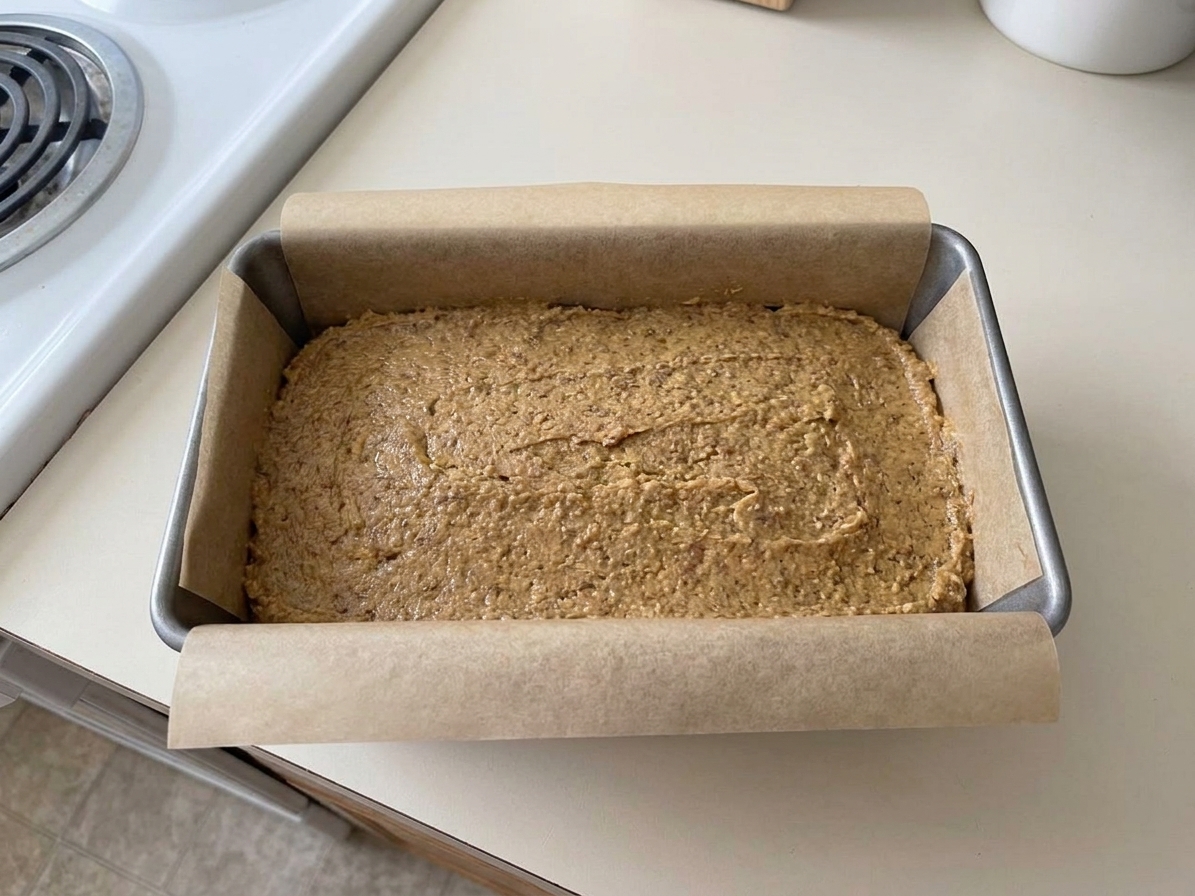 Thick keto bread dough smoothed into a parchment lined loaf pan