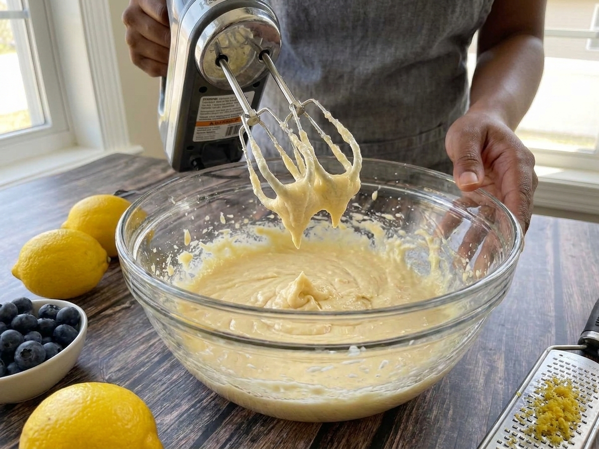 Thick lemon cake batter being mixed in a large bowl with a hand mixer on a kitchen counter