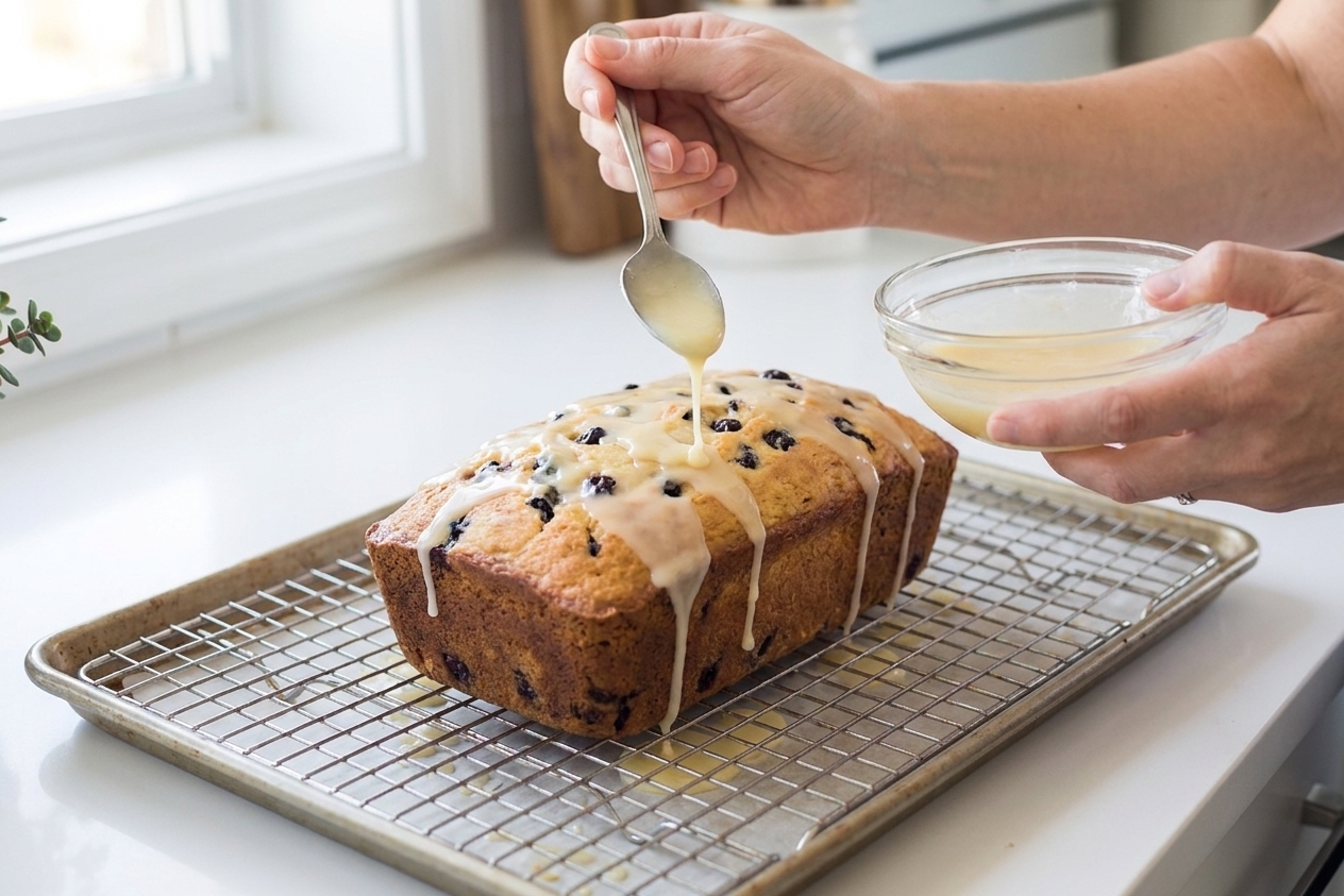 Thick lemon glaze being drizzled over a cooled lemon blueberry bread loaf on a wire rack on a kitchen counter