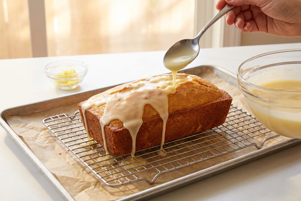 Thick lemon glaze being spooned over a cooled lemon loaf on a wire rack set over a parchment-lined baking sheet in a home kitchen