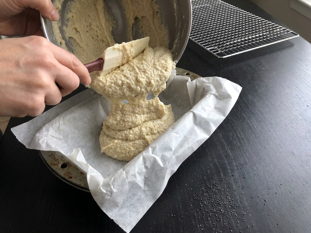 Thick low carb bread dough being scraped into a parchment-lined loaf pan with a rubber spatula on a kitchen counter