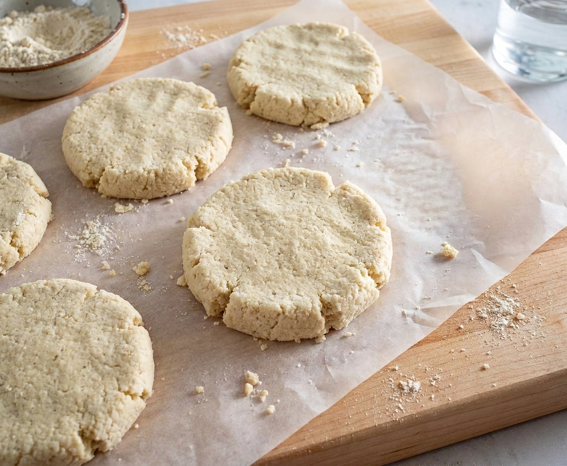 Thick masa dough discs resting on parchment paper on a kitchen counter before cooking