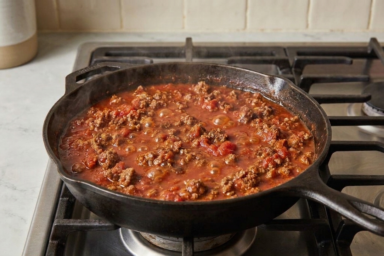 Thick meat sauce simmering in a large skillet with visible browned meat and red sauce bubbles