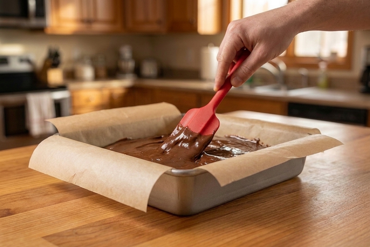 Thick melted chocolate fudge being spread evenly in a parchment-lined square pan with a rubber spatula