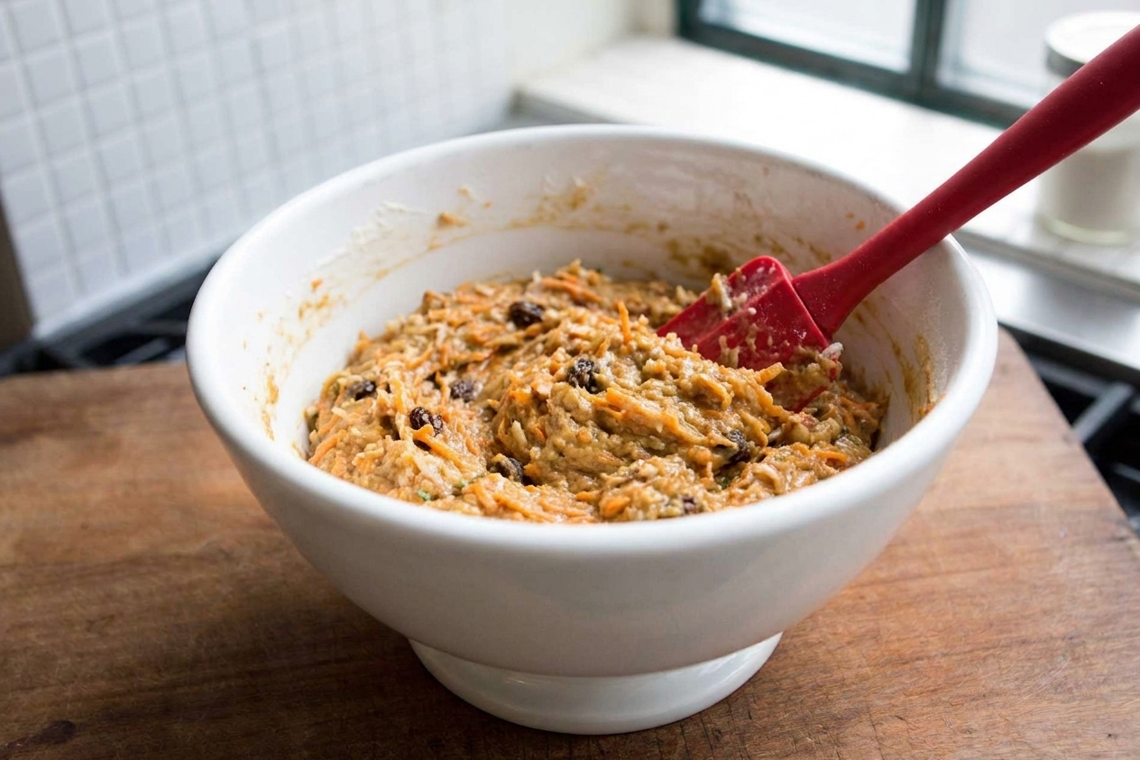 Thick morning glory muffin batter being folded with a rubber spatula in a large mixing bowl