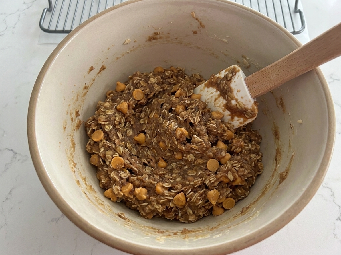 Thick oatmeal cookie dough with butterscotch chips folded in, shown in a mixing bowl with a spatula