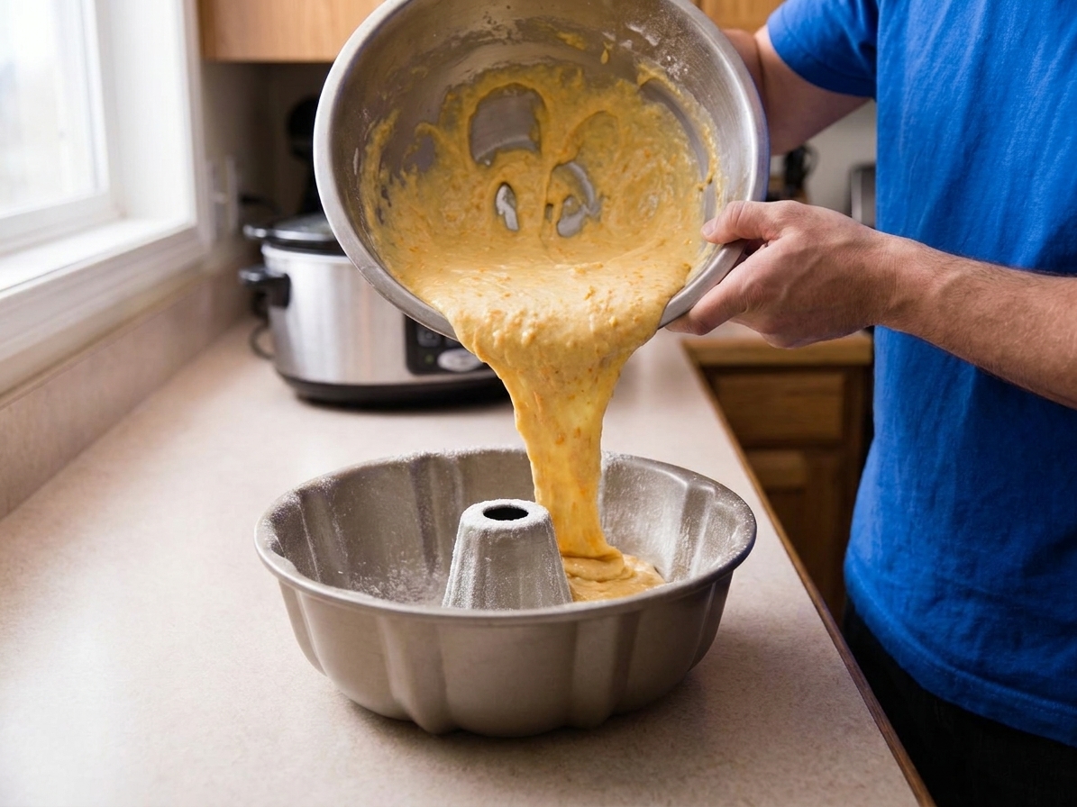 Thick orange-flecked cake batter being poured into a greased Bundt pan on a kitchen counter