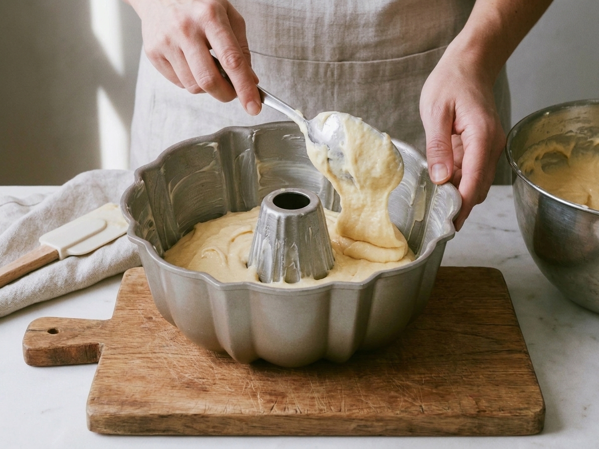 Thick pale cake batter being spooned into a greased bundt pan on a kitchen counter