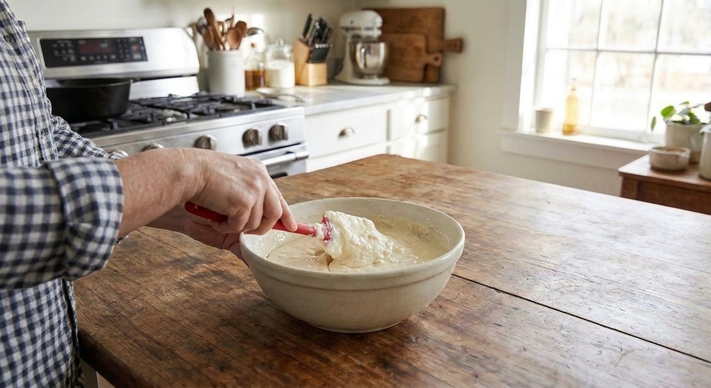 Thick pancake batter being folded with a rubber spatula in a mixing bowl, with small lumps still visible
