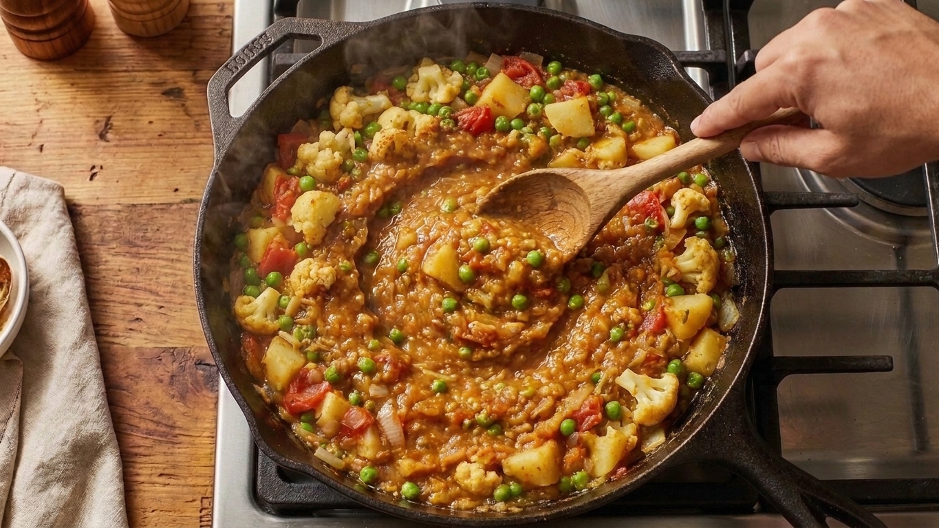 Thick pav bhaji bubbling gently in a skillet with a spoon making a swirl through the center