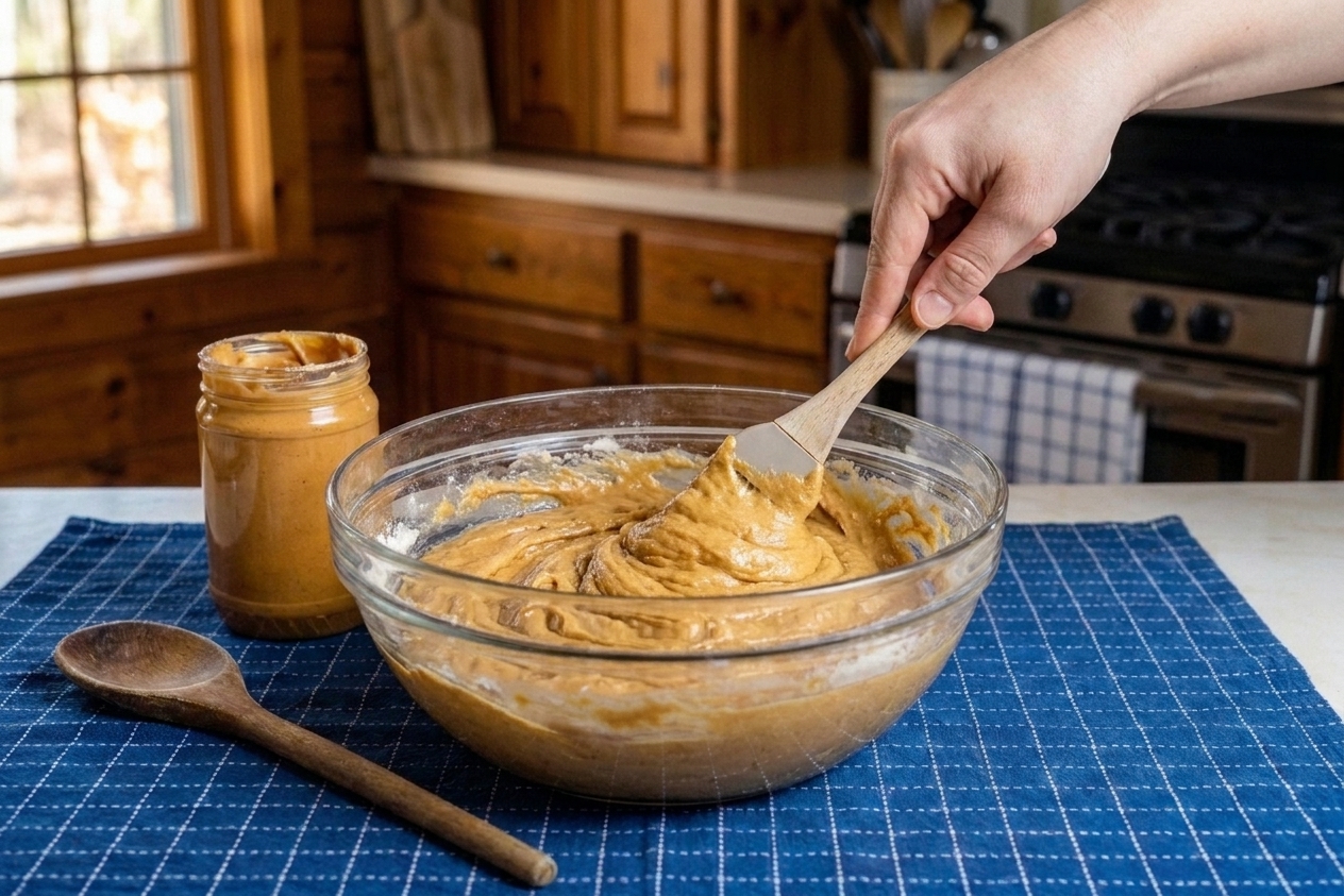 Thick peanut butter bread batter being folded together with a spatula in a mixing bowl