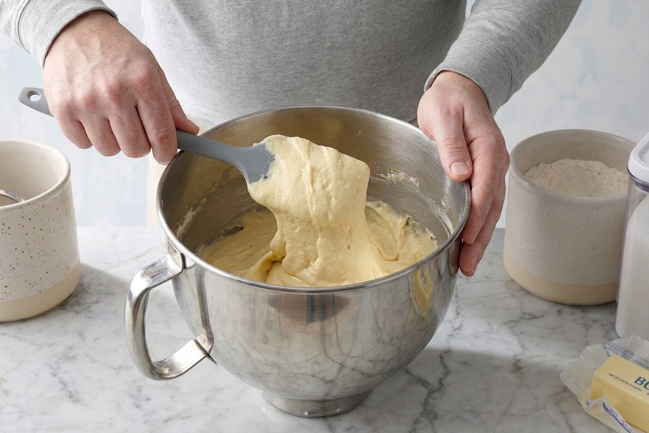 Thick pound cake batter being gently folded with a rubber spatula in a large mixing bowl