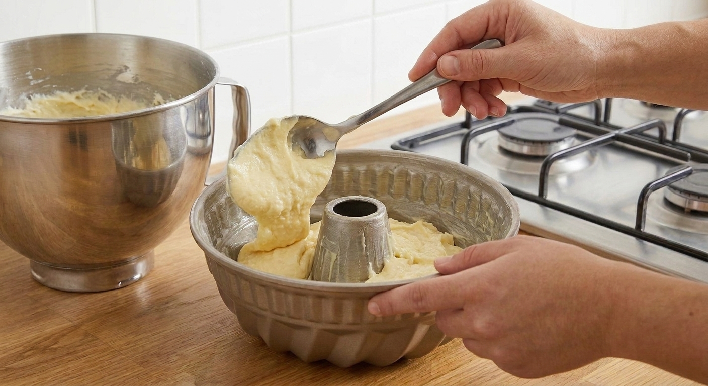 Thick pound cake batter being spooned into a greased Bundt pan, filling it evenly