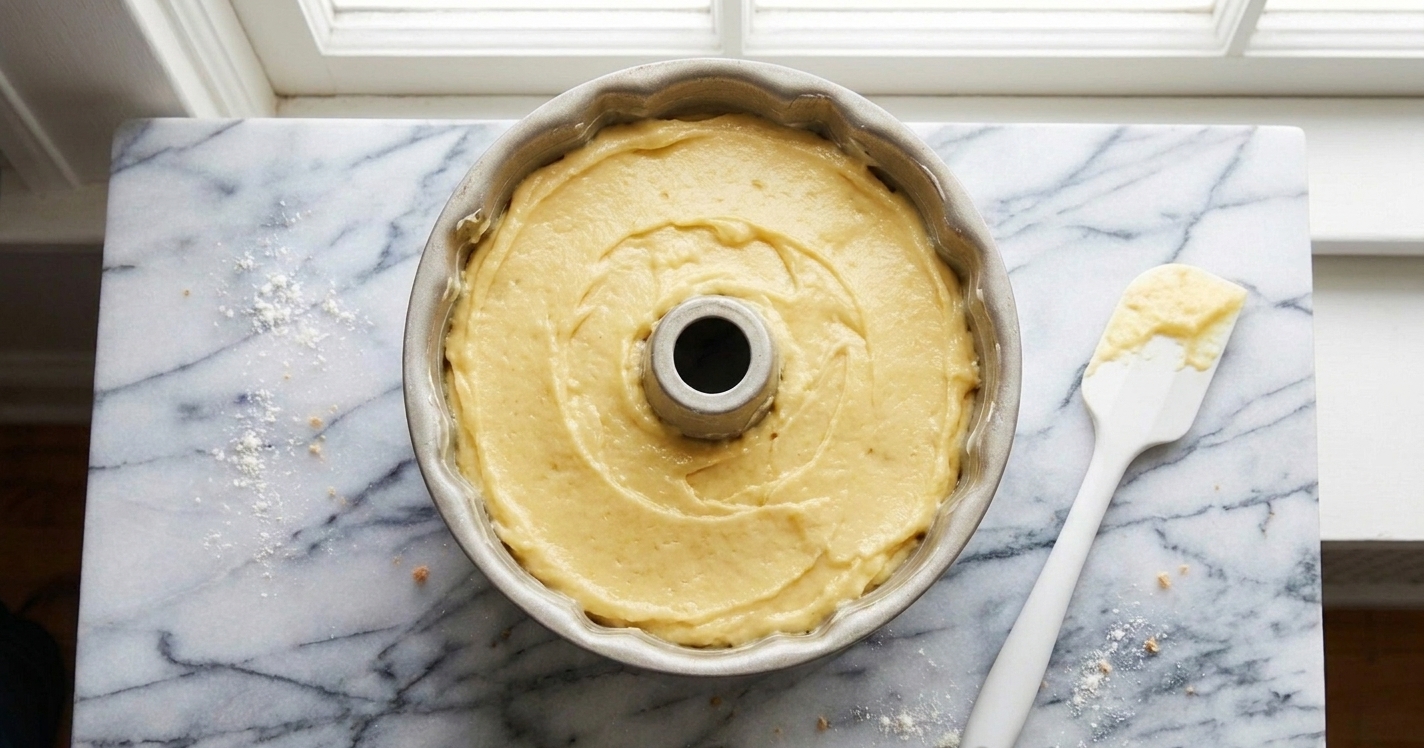 Thick pound cake batter smoothed in a Bundt pan before baking on a kitchen counter