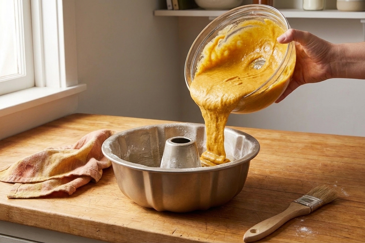 Thick pumpkin cake batter being poured into a greased bundt pan on a kitchen counter