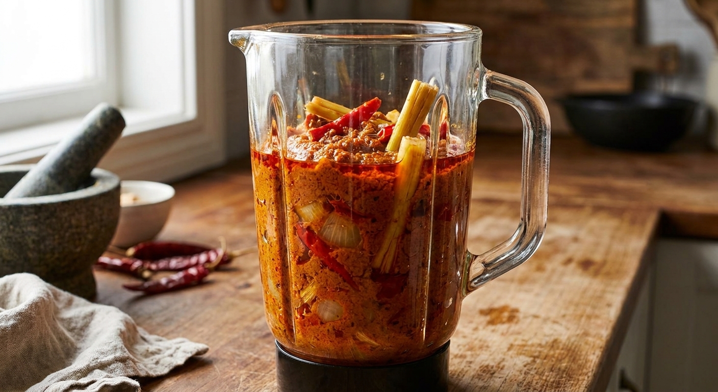 Thick red-orange rendang spice paste in a blender jar with visible chili, lemongrass, and onion