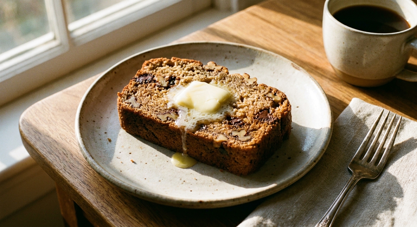 Thick slice of banana bread on a ceramic plate with a pat of butter melting on top in warm afternoon light