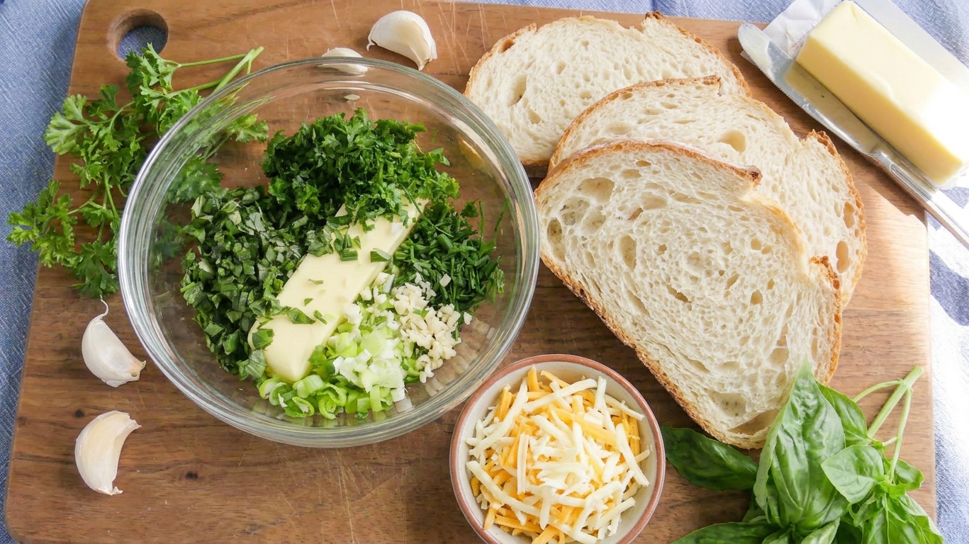 Thick sliced bread, butter, garlic, parsley, and shredded cheese arranged on a clean kitchen counter