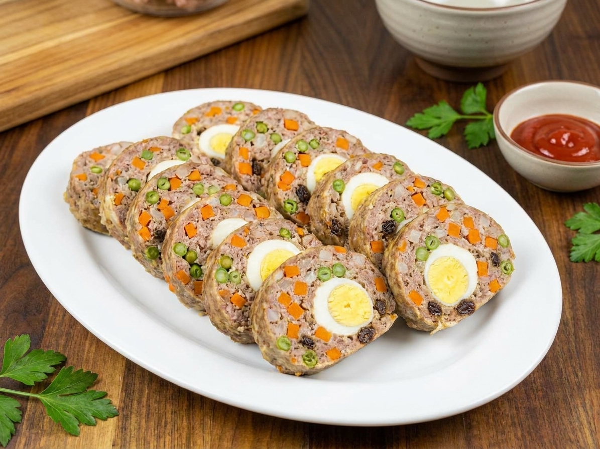 Thick slices of Filipino embutido arranged on a white platter, showing the cross-section with egg, carrots, and peas, on a warm kitchen table setting