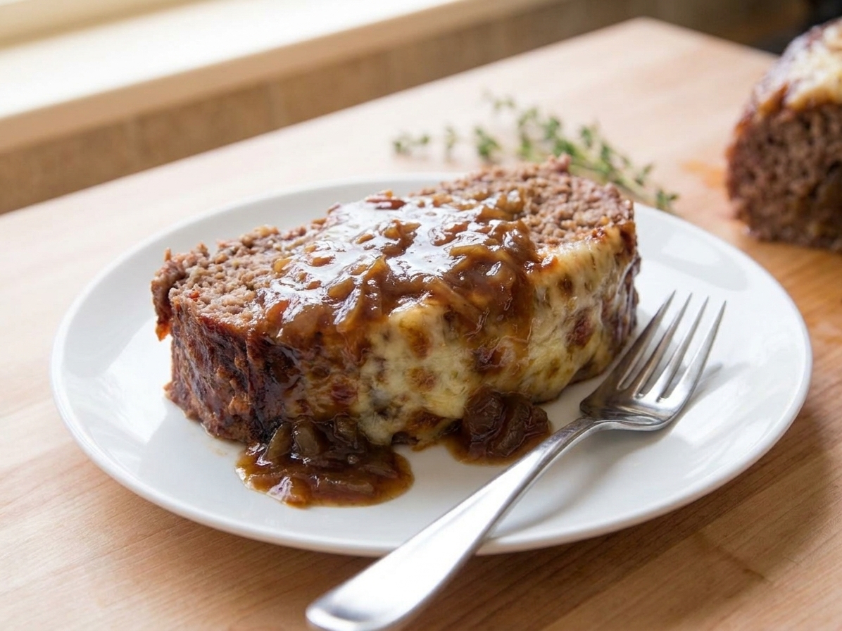 Thick slices of French onion meatloaf with browned edges and melted Gruyère, topped with a glossy onion gravy glaze on a white plate with a fork