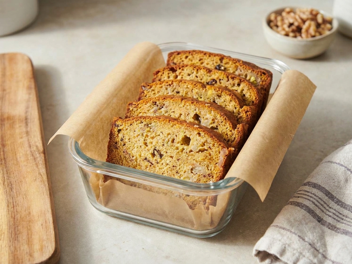 Thick slices of banana bread stacked in an airtight container lined with parchment on a kitchen counter