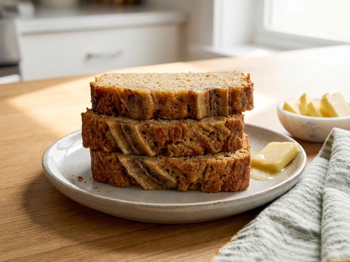 Thick slices of banana bread stacked on a ceramic plate on a wooden table with soft morning light