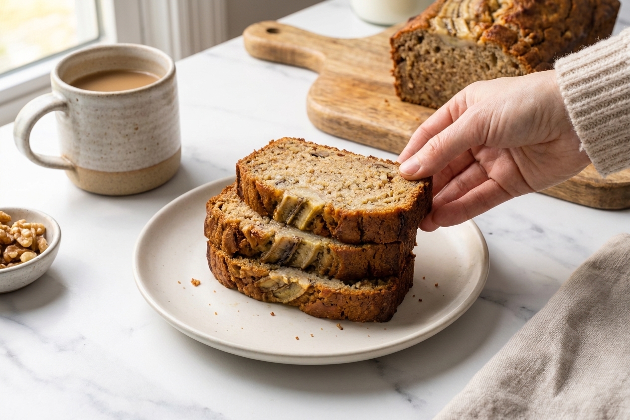Thick slices of banana bread stacked on a simple plate on a warm kitchen counter