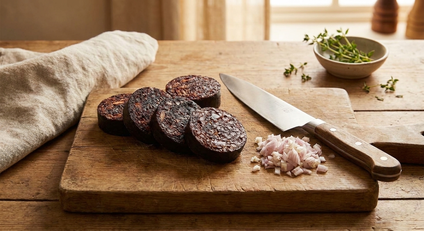 Thick slices of black pudding on a wooden cutting board with a chef's knife and a small pile of chopped shallot beside it on a warm kitchen counter