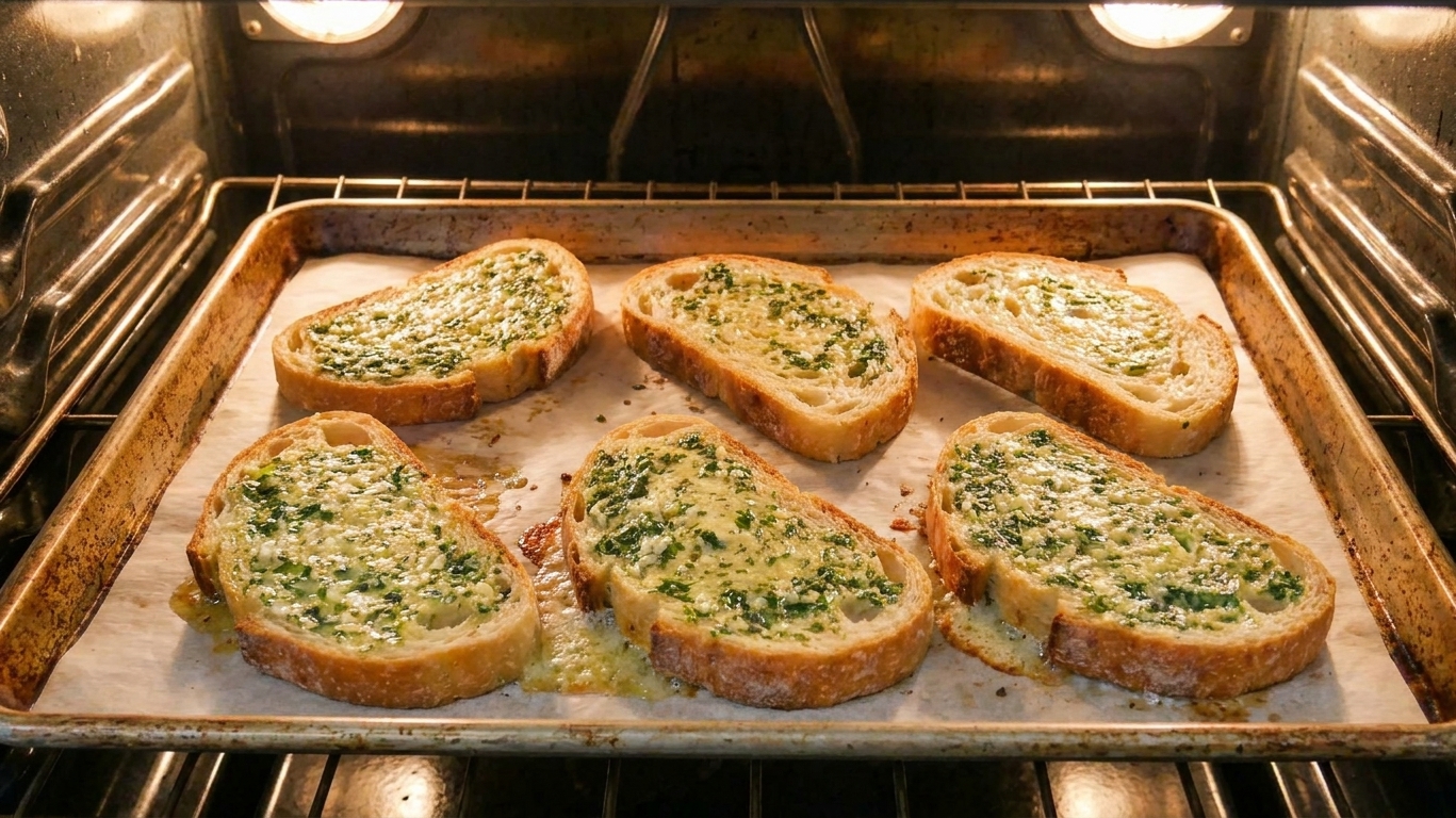 Thick slices of bread baking on a sheet pan in an oven with the garlic butter melting and bubbling at the edges