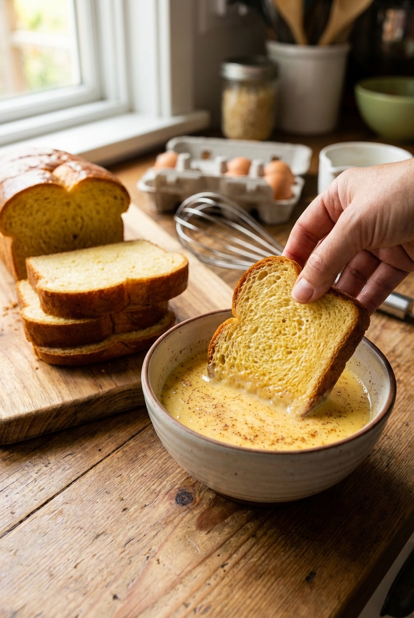 Thick slices of brioche being dipped into a bowl of spiced egg custard on a kitchen counter