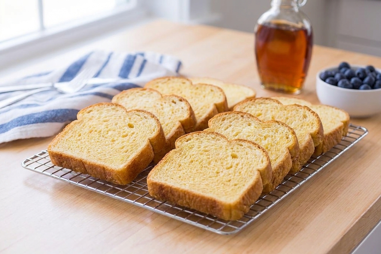 Thick slices of brioche bread laid out on a kitchen counter to dry slightly before dipping