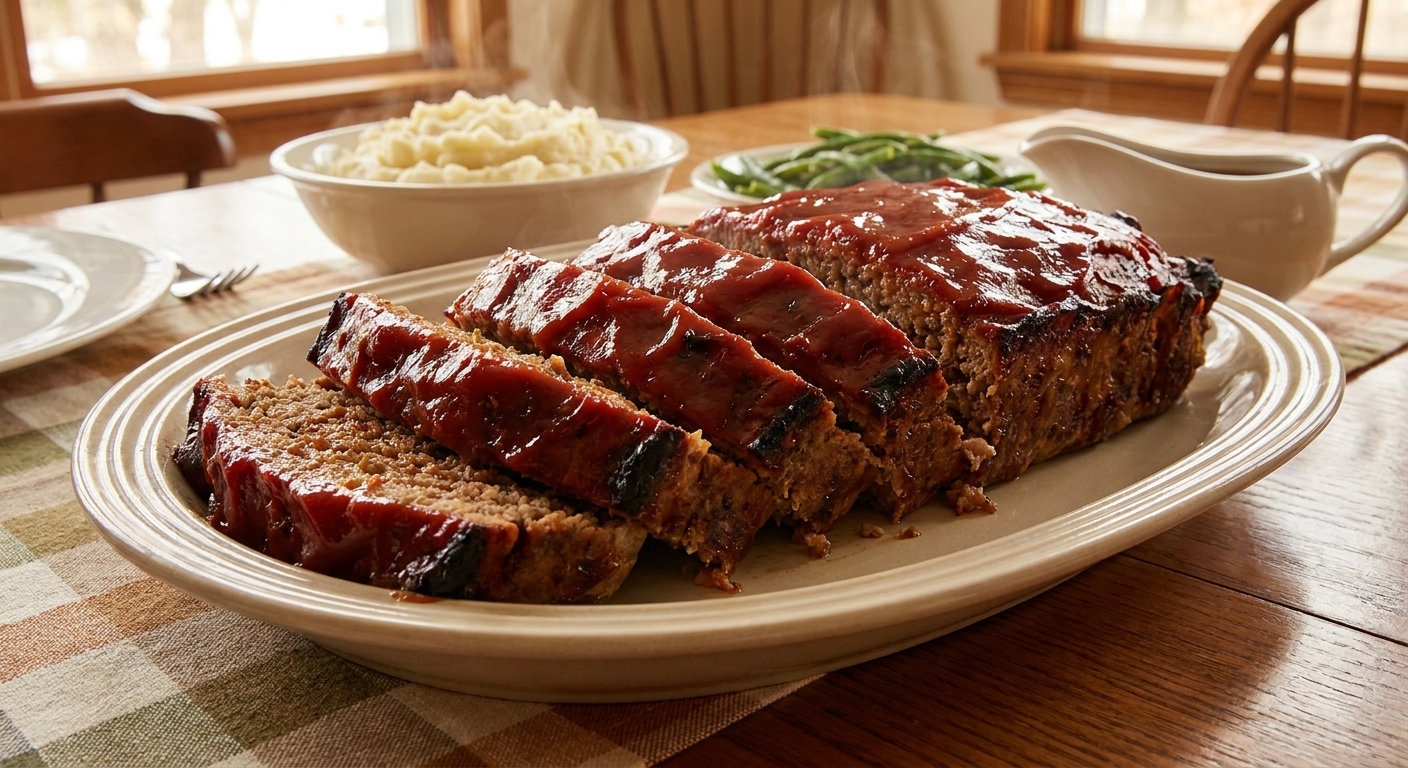 Thick slices of glazed meatloaf arranged on a serving platter with a shiny ketchup glaze and browned edges in a home dining setting