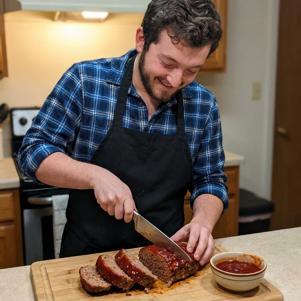 Thick slices of glazed meatloaf on a wooden cutting board with a chef knife and a small bowl of extra glaze