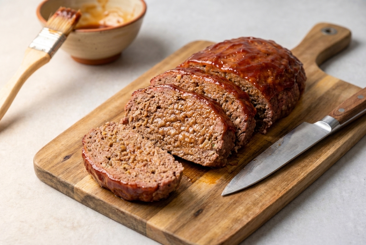 Thick slices of glazed meatloaf on a wooden cutting board with a chef’s knife nearby, showing a moist interior and caramelized top.
