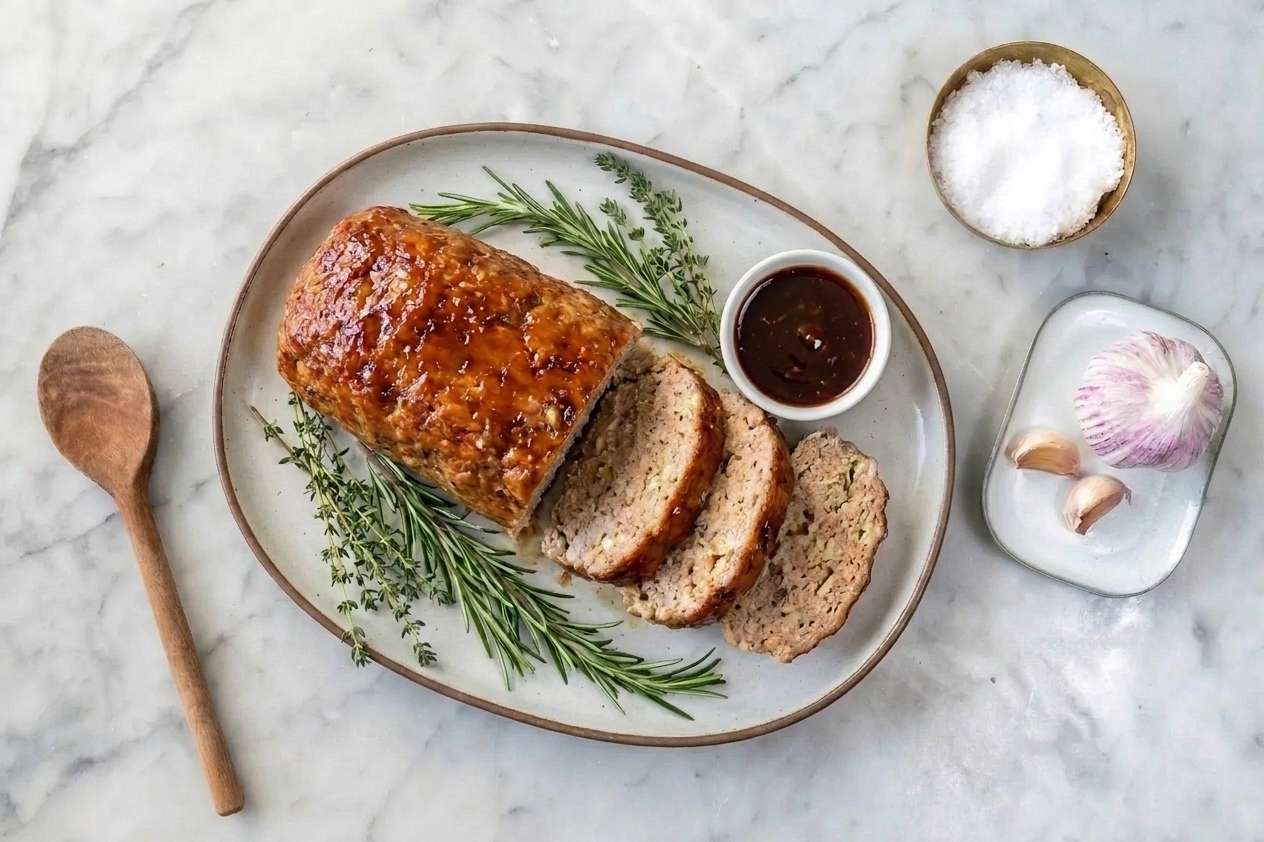 Thick slices of glazed turkey loaf arranged on a white platter with a small bowl of extra glaze