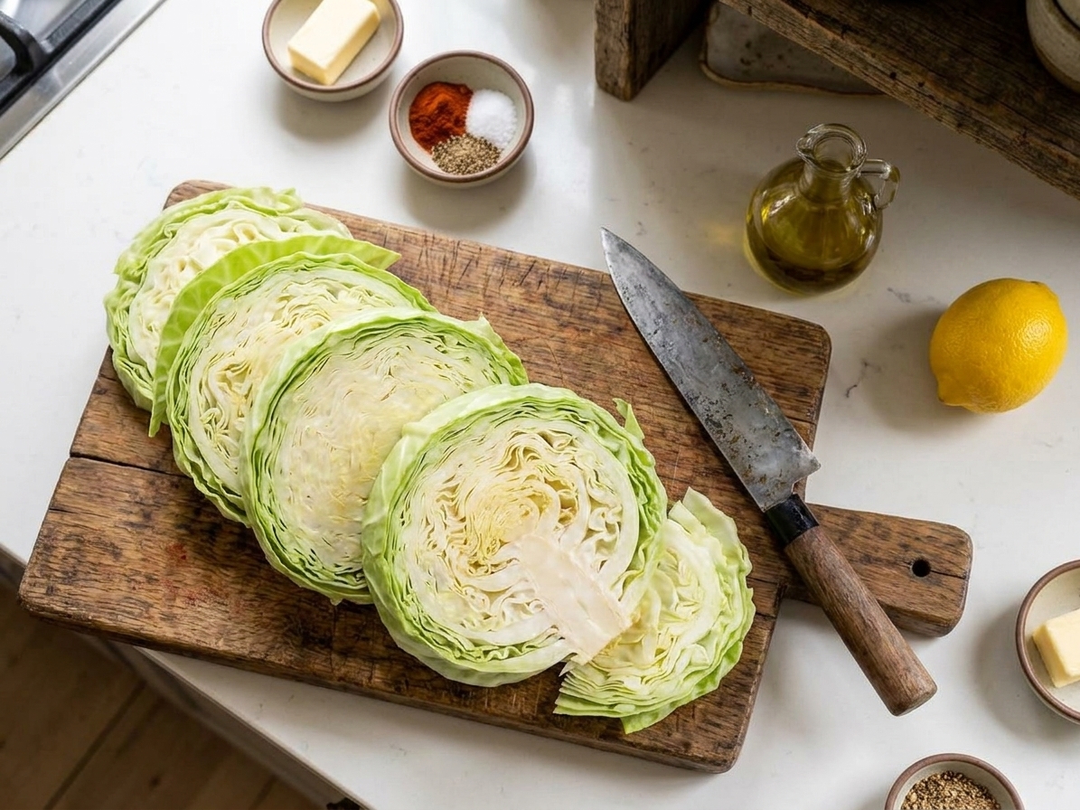 Thick slices of green cabbage cut into steak-like slabs on a wooden cutting board with a chef's knife beside them
